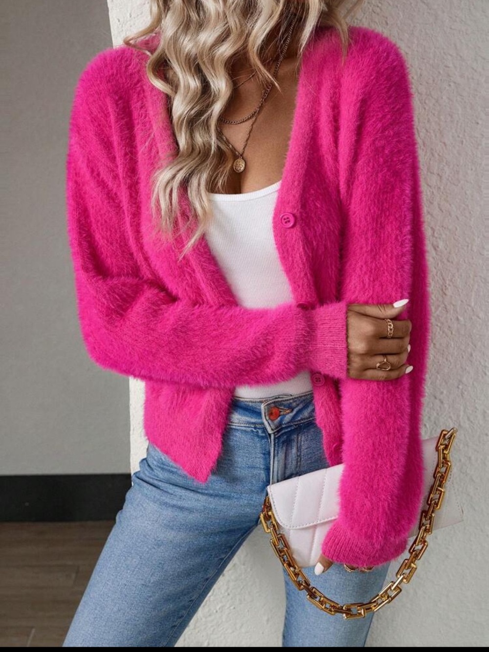 Fuzzy Hot Pink Button-Up Women's Cardigan